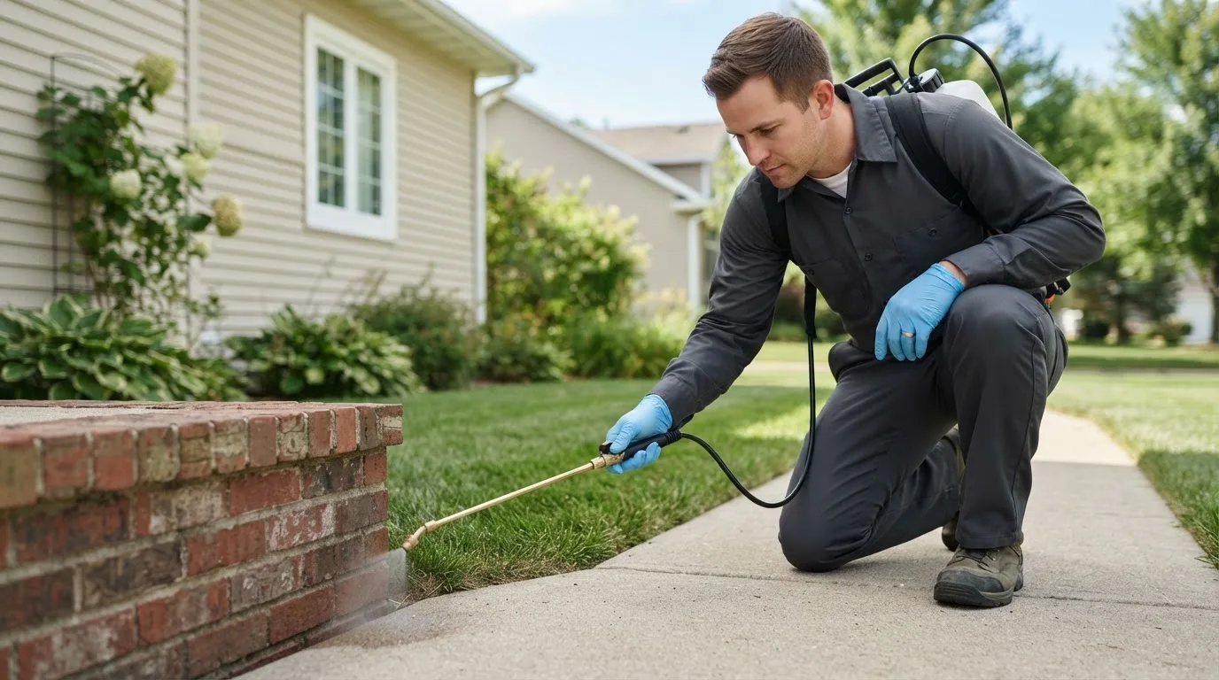 Pest control technician treating a home near Friendship, NY