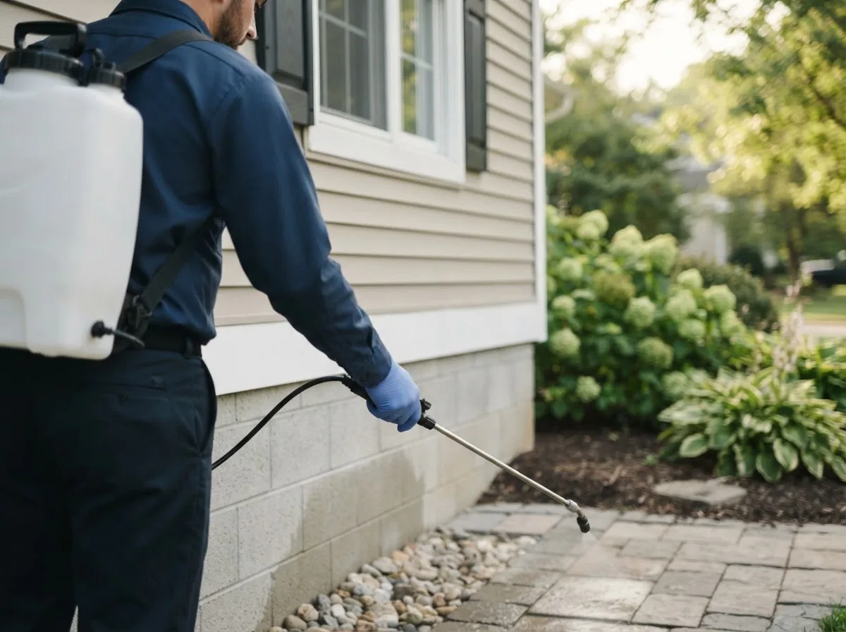 Pest control technician inspecting a home in Friendship, NY